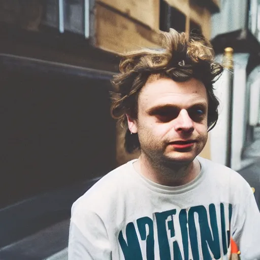 Image similar to mac demarco in a retrofuturistic city, retro futuristic fashion, photography award winning,