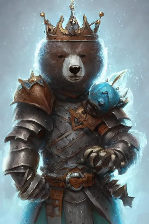 Image similar to cute little anthropomorphic bear knight wearing a cape and a crown, tiny, small, miniature bear, baby animal, short, pale blue armor, cute and adorable, pretty, beautiful, DnD character art portrait, matte fantasy painting, DeviantArt Artstation, by Jason Felix by Steve Argyle by Tyler Jacobson by Peter Mohrbacher, cinematic lighting