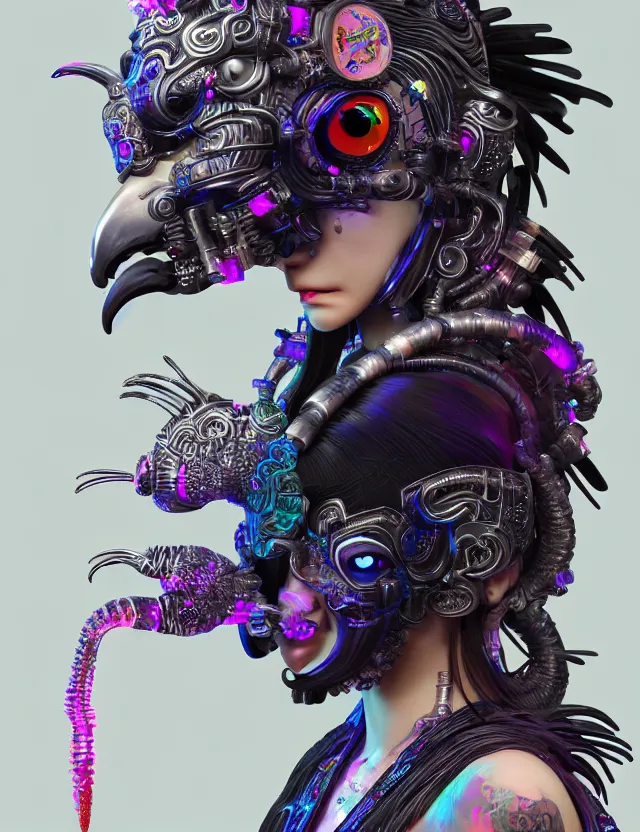 Image similar to 3 d goddess close - up profile portrait cyberpunk with ram skull. beautiful intricately detailed japanese crow kitsune mask and clasical japanese kimono. betta fish, jellyfish phoenix, bio luminescent, plasma, ice, water, wind, creature, artwork by tooth wu and wlop and beeple and greg rutkowski