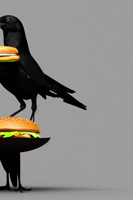 Prompt: a crow holding a cheeseburger, 3D render by beeple , octance render