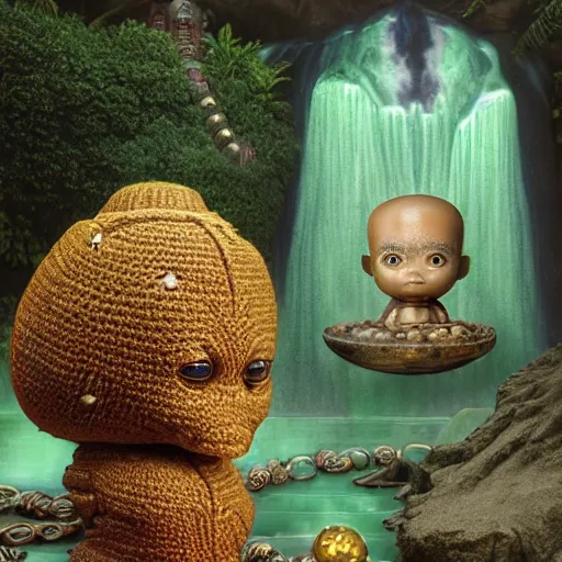 Image similar to wide angle dynamic portrait of a chibbi dogon priest in an african zen garden with a waterfall! and a golden ornate steampunk portal, amigurumi by mark ryden and todd schorr and mark davis and zdislaw beksinski in a surreal lowbrow style, digital paint, matte paint, vivid synthwave colors, breathtaking landscape