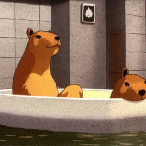 Image similar to the scene of a capybara chilling in a bathtub in the movie spirited away by studio ghibli