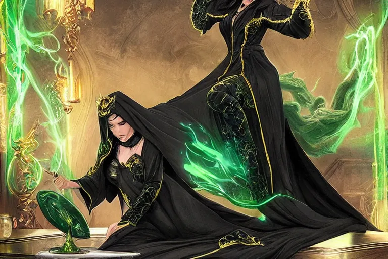 Prompt: a beautiful sorceress wearing a black robe with gold embroidery, sitting at table, casting a spell, green glows, painted by artgerm and masamune shirow, in the style of magic the gathering, highly detailed digital art