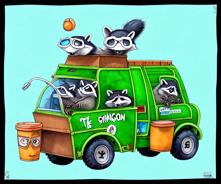 Image similar to cute and funny, racoon wearing goggles driving a tiny garbage truck, ratfink style by ed roth, centered award winning watercolor pen illustration, isometric illustration by chihiro iwasaki, edited by craola, tiny details by artgerm and watercolor girl, symmetrically isometrically centered