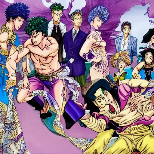 Prompt: a beautiful painting of a jojos bizarre adventure episode by hirohiko araki, detailed line art