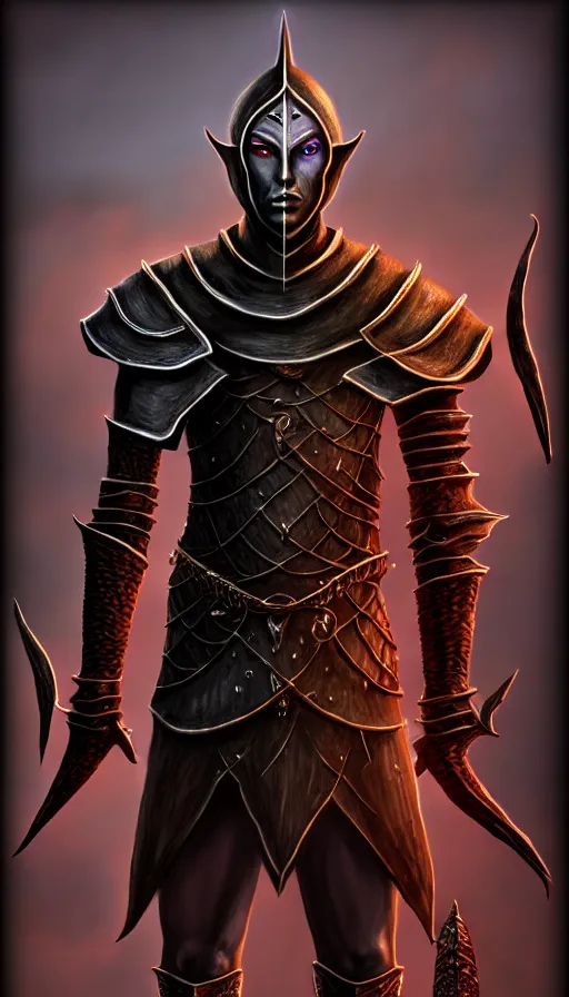 Image similar to hyperrealistic full body image of morrowind dunmer male nerevarine in front of balmora, red eyes, 3 / 4 portrait, symmetrical face, handsome face, full body dnd character portrait, medieval armor, morrowind armor, oblivion armor, skyrim armor, eso armor, intricate, highly detailed, elegant, 4 k, artstation, deviantart