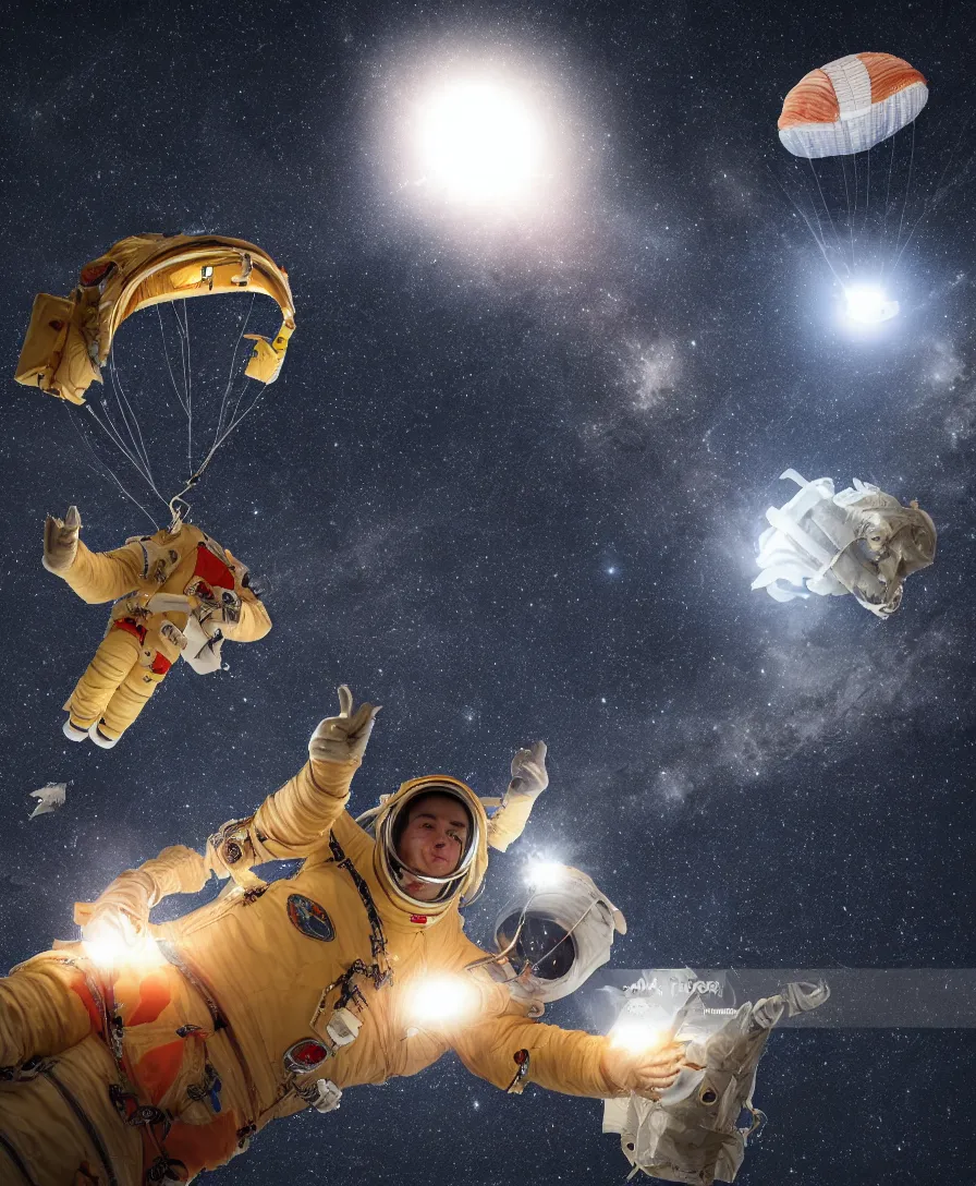 Image similar to a single man traveling towards space with parachute, stars glowing in dark background, highly detailed