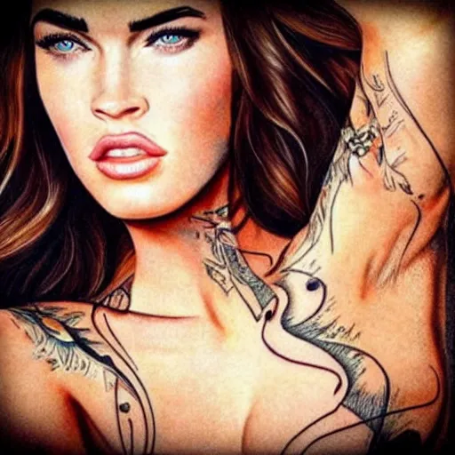 Image similar to megan fox beautiful mountains double exposure effect, medium sized tattoo sketch, amazing detail, on pinterest