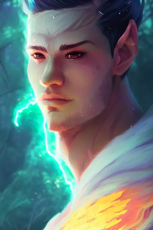 Image similar to a human elemental sorcerer, forest environment background, colorful magic effects, white skin, portrait, male, clothed, sharp focus, digital art, concept art, trending on artstation, dynamic lighting, by emylie boivin and rossdraws