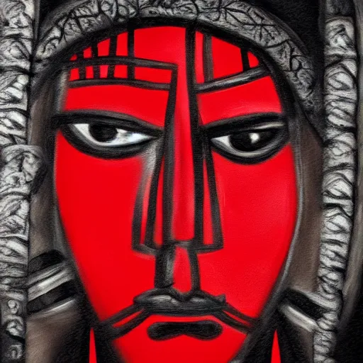 Image similar to portrait of an ancient warrior red and black theme