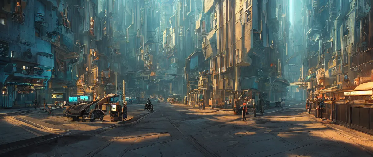 Image similar to street in a futuristic city, dieselpunk style, high detailed, superrealism, octane render, ray tracing, unreal engine, cinematic mode, redshift, hdr, hyperrealist, trending of artstation, optical flare, smart sharpen, global ilumination, ambient oclusion, film 3 5 mm, teal orange color scheme