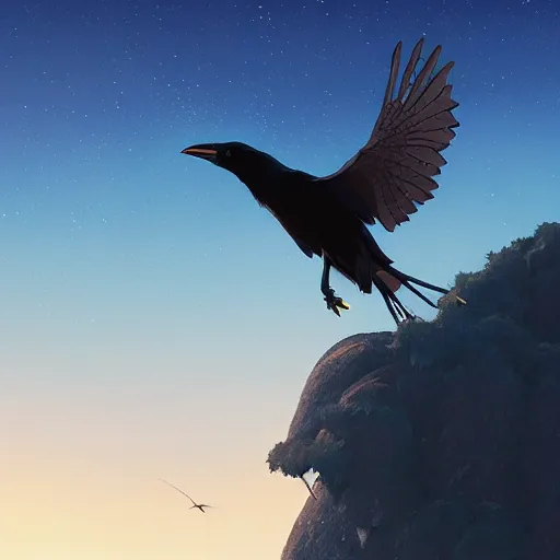 Image similar to a wholesome animation key shot of a crow flying towards an island in the night, medium shot, studio ghibli, pixar and disney animation, sharp, rendered in unreal engine 5, anime key art by greg rutkowski, bloom, dramatic lighting