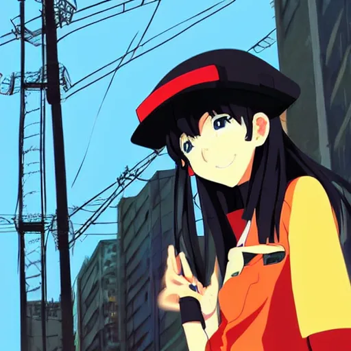 Image similar to anime girl wearing large black beret, black shirt with red star, smug grin, cel - shading, 2 0 0 1 anime, flcl, jet set radio future, golden hour, japanese town, concentrated buildings, japanese neighborhood, electrical wires, cel - shaded, strong shadows, vivid hues, y 2 k aesthetic