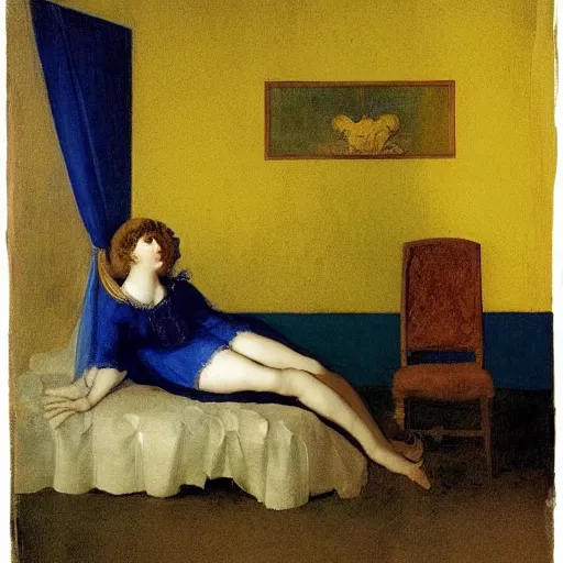 Image similar to a girl in a blue and gold haunted liminal room, film still by goya, colors by pontormo, lights by hopper, extreme detail, liminal aesthetic, background art nouveau,