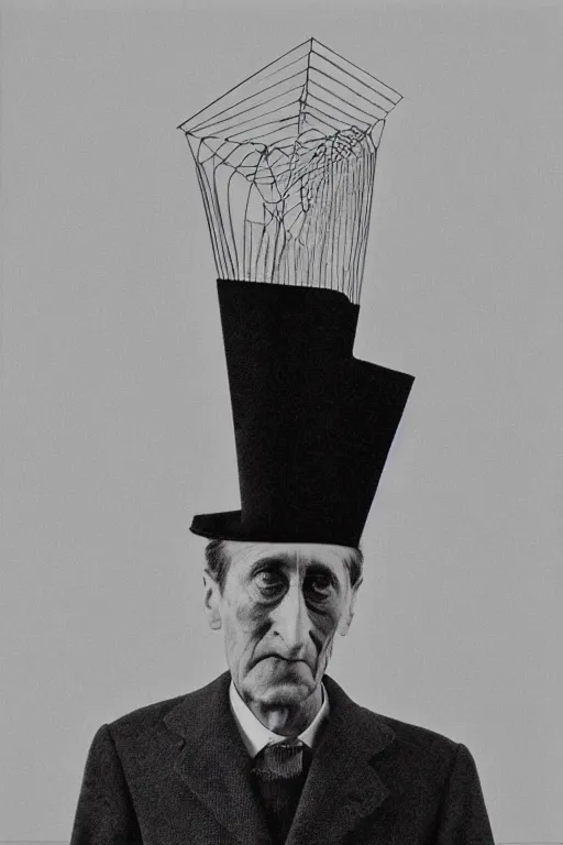 Image similar to a minimalist portrait of Marcel Duchamp connected to the machine in the style of Annie Leibovitz, Irving Penn, Hito Steyerl, Shinya Tsukamoto, Saâdane Afif, Alfredo Jaar line drawing and 35mm film, wide angle, monochrome, futuristic tetsuo