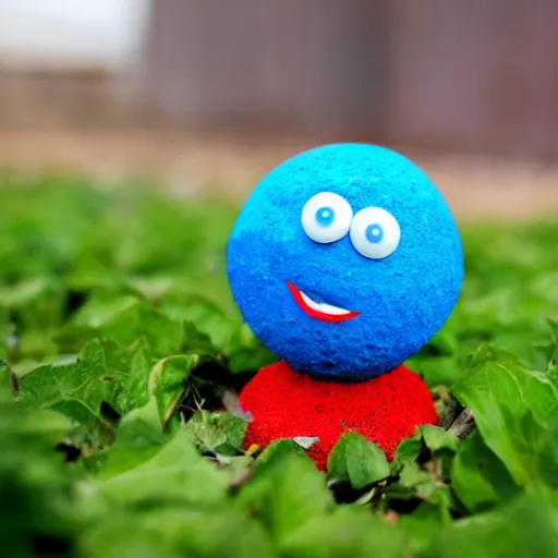 Image similar to photo of a ball of dirt with tiny legs, round blue eyes, a red clown nose, and a cute smile, creature made of dirt and soil