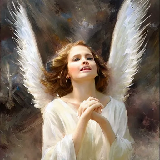 Image similar to a beautiful portrait of an angel with pretty face and her huge white wings spread out painted by gerhartz, highly detailed, beautiful, back lit, graceful and elegant, ethereal.