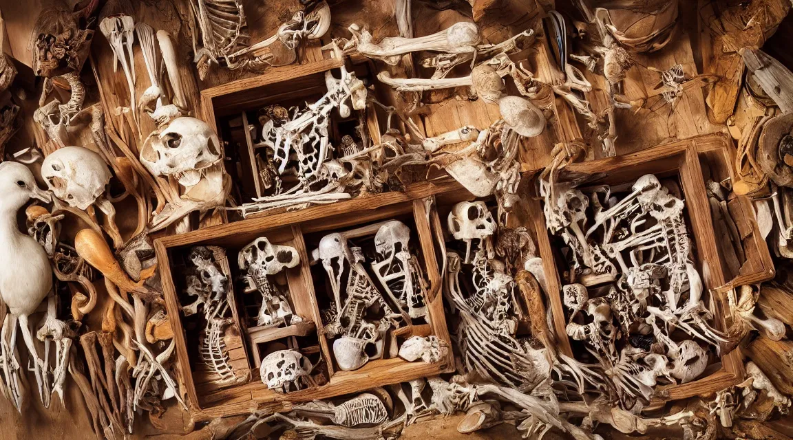 Image similar to wooden box with cabinet of curiosities neatly ordenend with duck skeleton bones and living worms, photo realistic, professional photo, by Steve McCurry