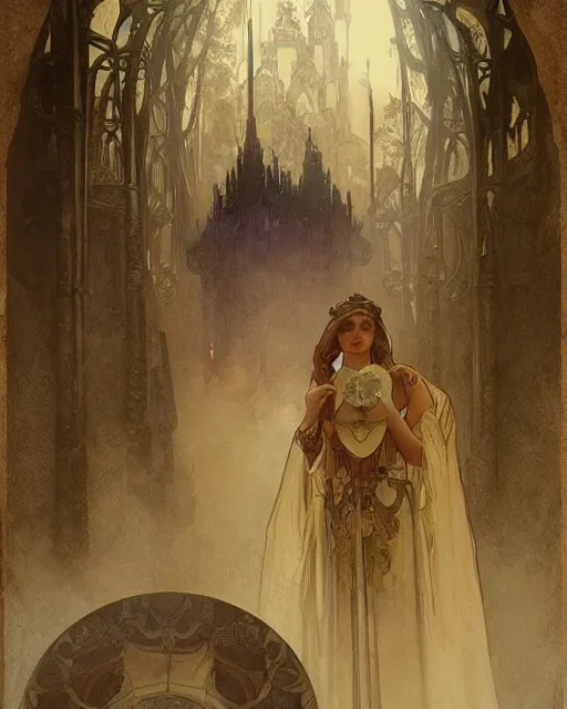 Image similar to inside the king's hall wolves and their treasures, ethereal, ominous, misty, 8 k, by alphonse mucha and greg rutkowski