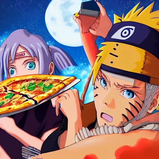 Prompt: naruto eating pizza for breakfast on luna, with dancing sandals, anime illustration, detailed