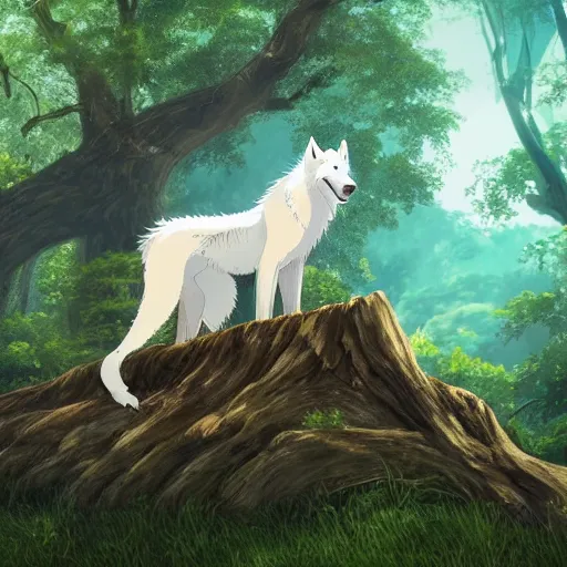 Image similar to highly detailed digital art of a magestic white wolf standing on an overgrown fallen tree trunk, lush surroundings, sunshine, kimi no na wa, trending on artstation, tranquil, landscape, super wide angle,