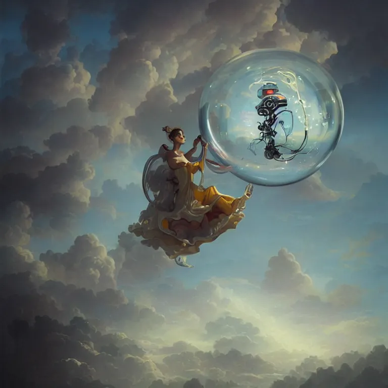 Prompt: a robot floating inside of a soap bubble among the clouds, ethereal, fantasy, style of peter mohrbacher