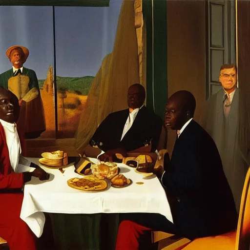 Image similar to the king of zimbabwe having imperial breakfast with his guest dignitaries by Raphael, Hopper, and Rene Magritte. detailed, romantic, enchanting, trending on artstation.