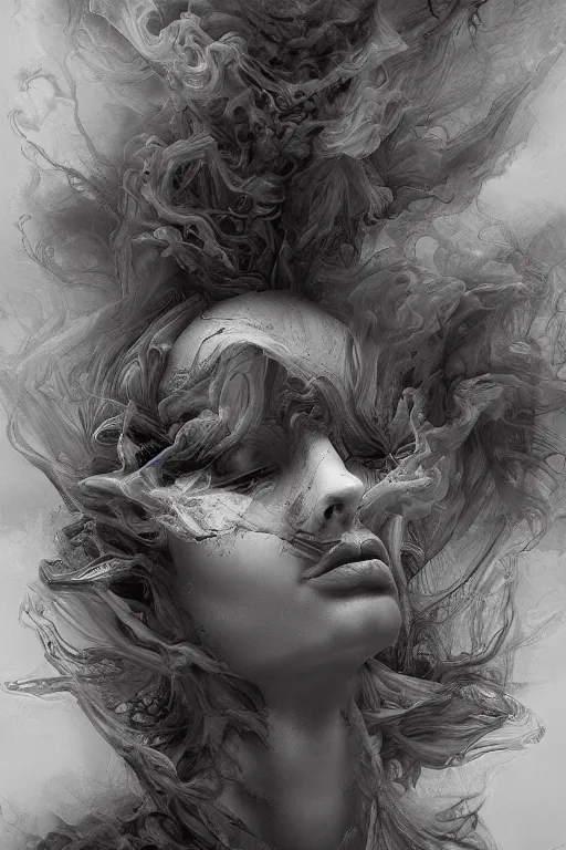 Image similar to surreal distorted detailed painting of a woman made of cloudy smoke, hyper detailed, trending on Artstation