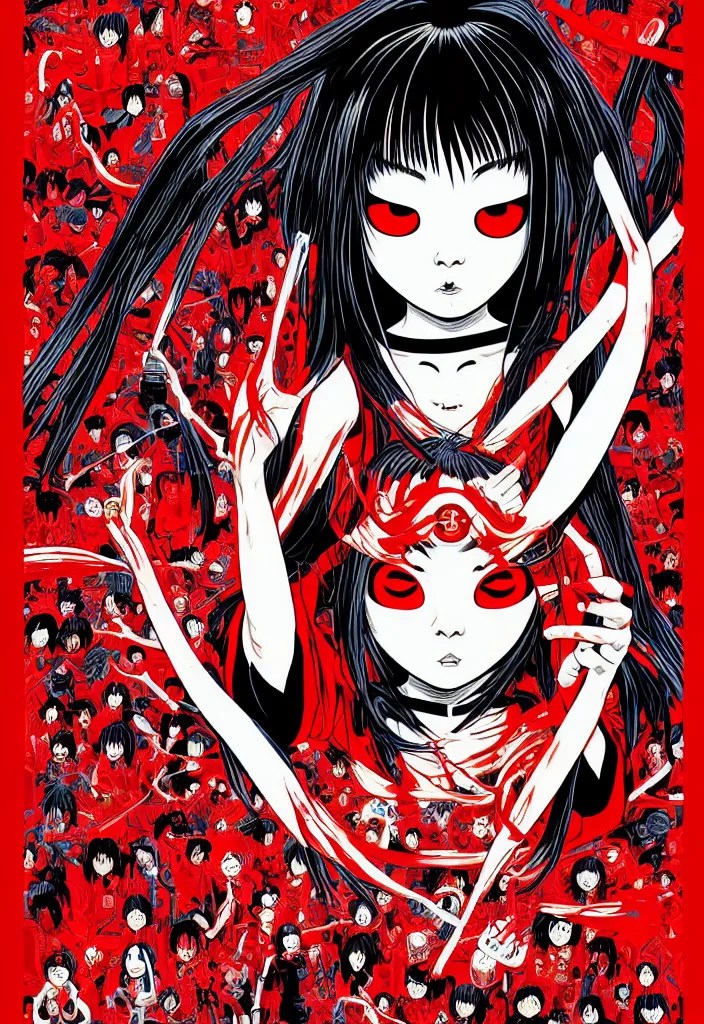 Image similar to a comic book style japanese horror poster of ninja girl with large eyes by dan mumford, yusuke murata and junji ito, blood lines, yokai, shinigami, eyes, shurikens, kanji, 8k, unreal engine, trending on artstation, pixiv, intricate details, volumetric lighting