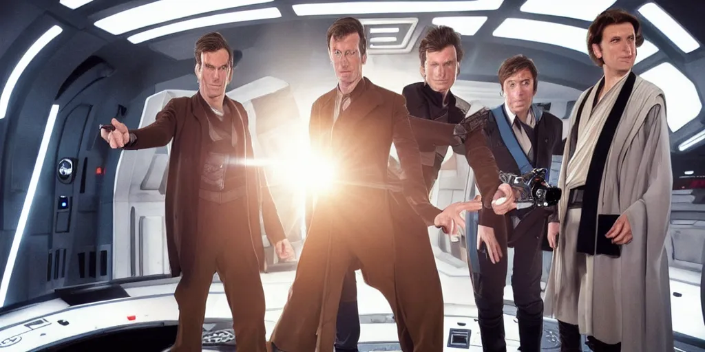 Prompt: The 10th Doctor on the bridge of the Enterprise D with the cast of Star Wars, photo, realistic, brightly lit