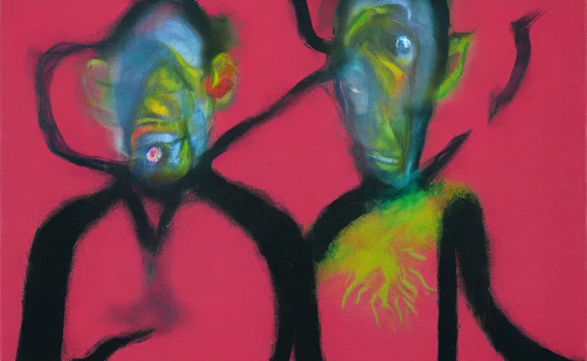 Prompt: men in black, blurred, grotesque, synthetic polymer paint on linen, doomed, acrylic paint, high resolution, gouache on canvas, vibrant colors, grotesque, wrapped thermal background, art francis bacon