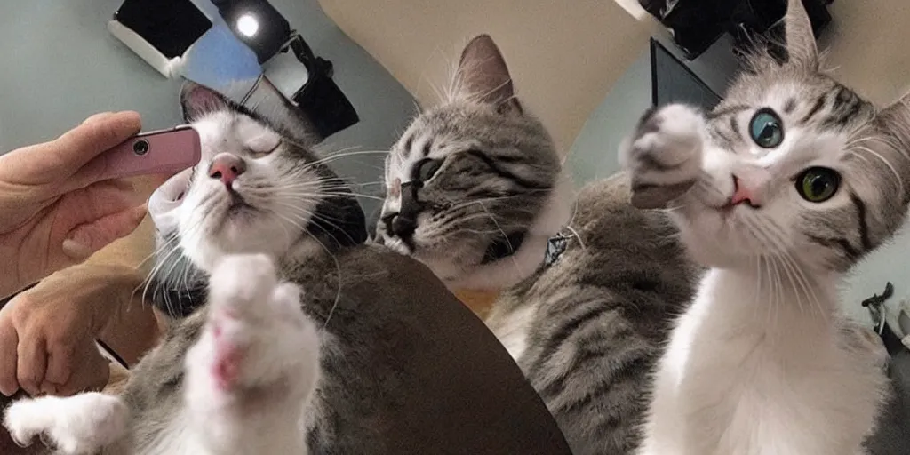 Prompt: a funny cat standing on its hind legs slaps a phone out of a dogs paw who is taking a selfie