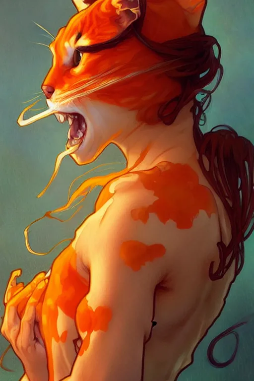 Image similar to a orange cat eating spiders, art by artgerm and greg rutkowski and alphonse mucha