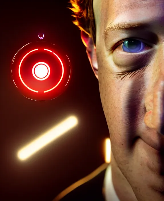 Image similar to Mark Zuckerberg with a glowing red steampunk eye implant by Steohan Martiniere and Moebius, 4k resolution, detailed