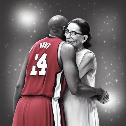 Image similar to Kobe Bryant and Ruth Bader Ginsberg hugging in Heaven digital art