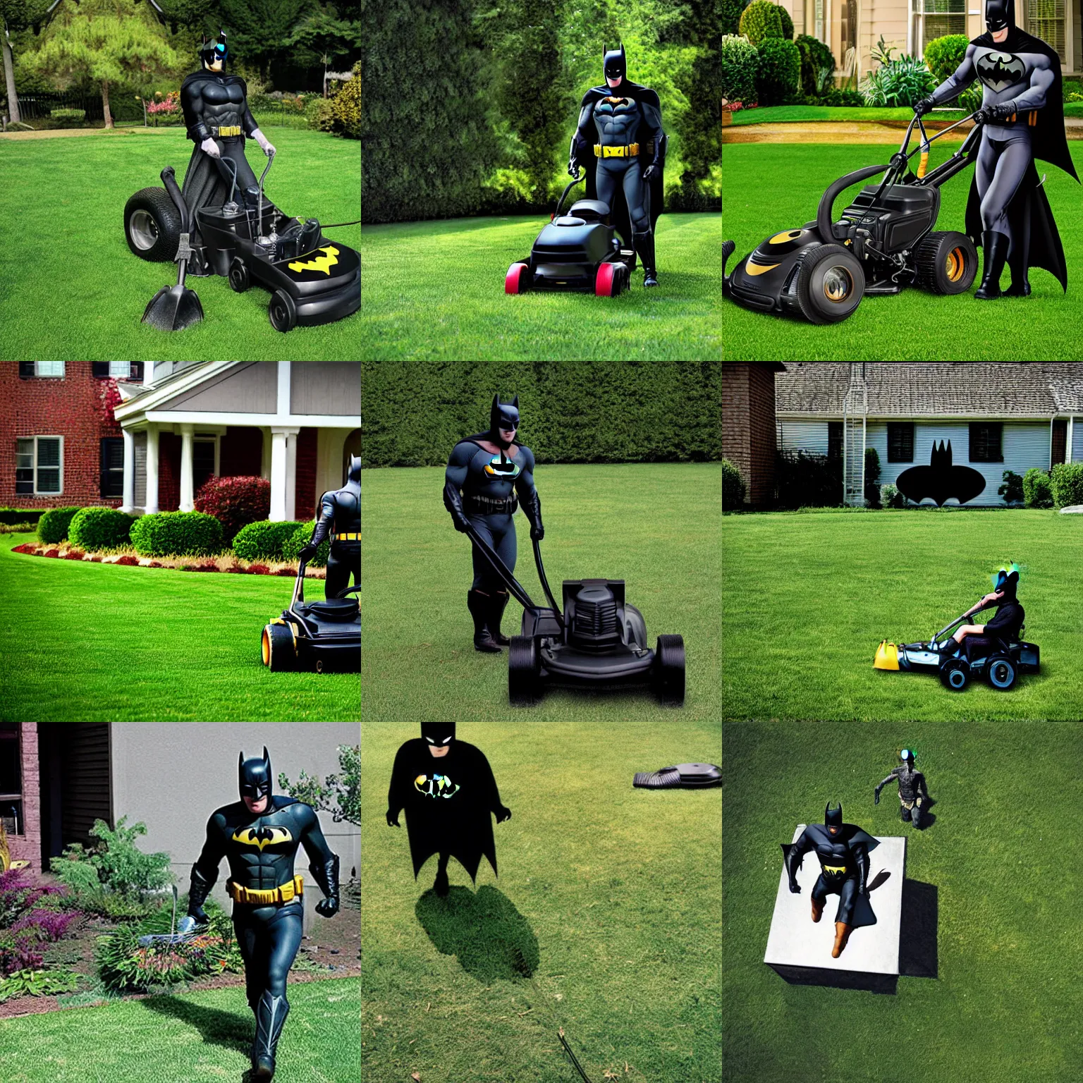 Prompt: Batman mowing the lawn, photograph