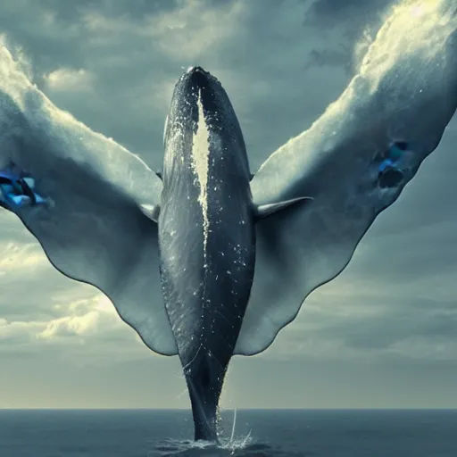 Image similar to photomanipulation of a whale that has tiny fairy wings, the wings are inspired by tooth fairy's wings, fully detailed, 4 k, real footage