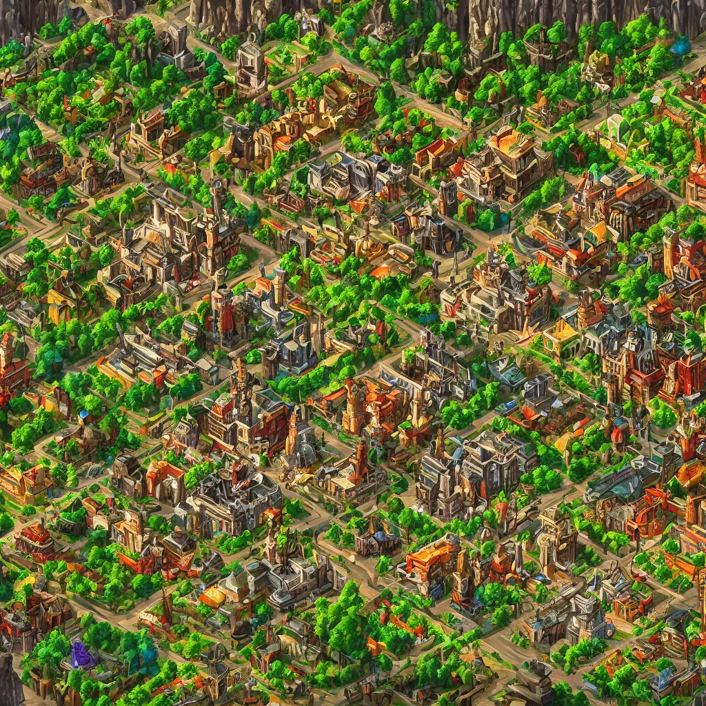 Image similar to fantasy setting with a huge tree in the middle, various slightly damaged buildings, isometric zoomed - in view, artstation, digital art