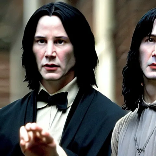 Image similar to Film Still of a Young Keanu Reeves playing a Young Severus Snape in Harry Potter, Film Still, realistic, hyperrealistic, very realistic, very very realistic, highly detailed, very detailed, extremely detailed, detailed, detailed face, very detailed face, very detailed face, realism, HD Quality, 8k resolution, intricate details, body and head in frame, Real Life