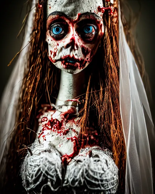 Image similar to a paper mache doll of a zombie bride, realistic, very detailed, complex, intricate, studio lighting, superres sharpening, bokeh, sigma 5 0 mm f 1. 4