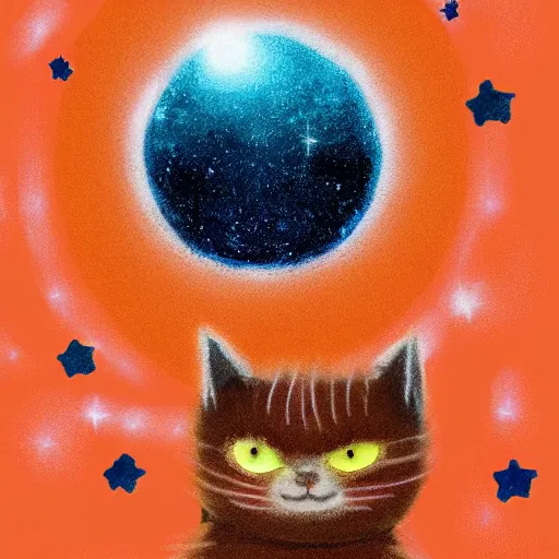 Prompt: A fuzzy orange cat sitting on planet earth, space with stars in the background, trending on artstation