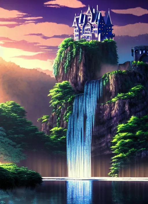 Image similar to magical castle, waterfall, river, nighttime, scenery wallpaper aesthetic, manga style, perspective view, beautiful, cinematic, dramatic, super detailed and intricate, hyper realistic, 4 k render, by kentaro miura, by koson ohara, by darwyn cooke