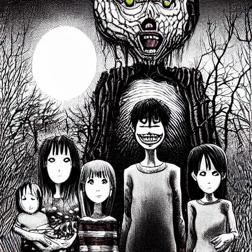 Image similar to monster lurking behind a happy family by junji ito, color, highly detailed, detailed, intricate, scary, horror, eerie, nightmares, dark, dramatic, 8 k