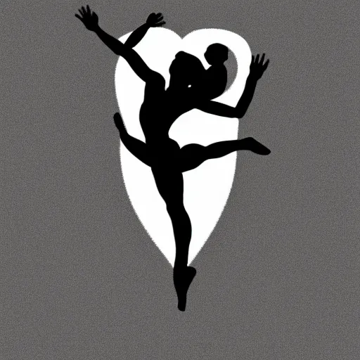 Prompt: clean black and white print on white paper, high contrast, logo of stylized gymnast silhouette forming a symmetric heart