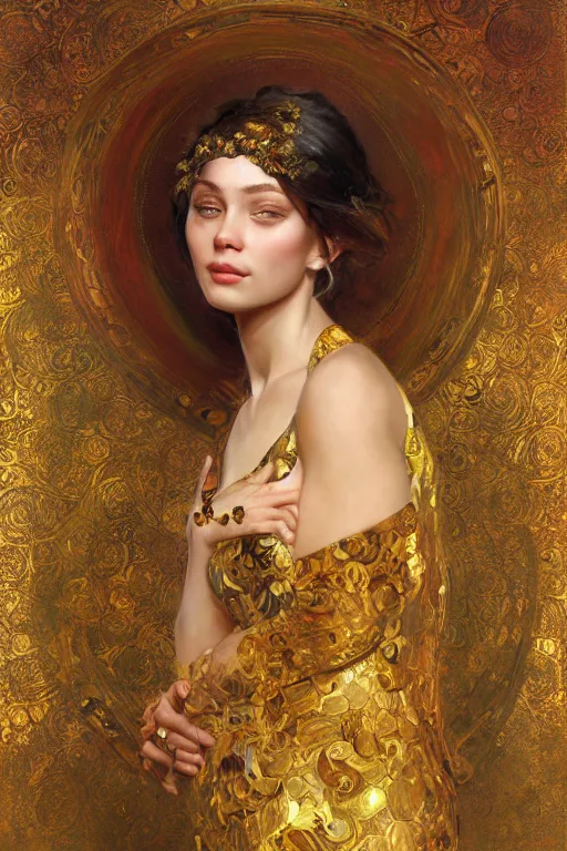 Image similar to an intricate artistic pose painting of a beautiful young girl with an artistic pose with klimt golden motives and textures, hyper detailed, ornamental gold headpiece, octane render, vivid colors, artstation, by jeremy mann, by alphonse mucha, by boris vallejo