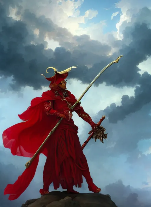 Image similar to A boisterous Red Mage wearing striped shining armor and a feathered hat holding a staff of power surrounded by an epic cloudscape. Magus. Red Wizard. Morpheus. masterpiece. 4k digital illustration. by Ruan Jia and Artgerm and Andreas Rocha and William-Adolphe Bouguereau and Edmund Blair Leighton. award winning, Artstation, intricate details, realistic, Hyperdetailed, 8k resolution. Concept Painting. Key Art