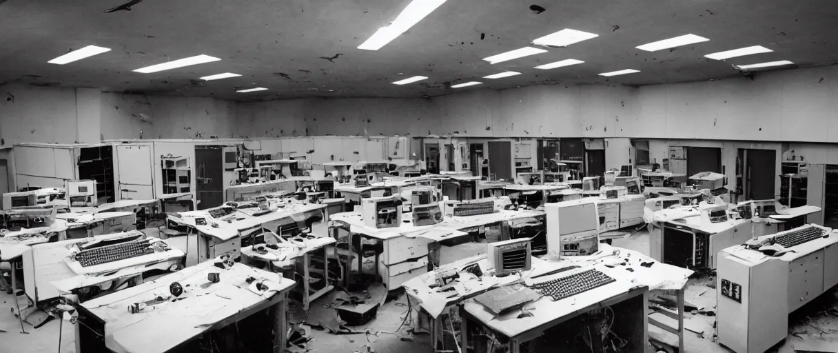 Image similar to movie still 4 k uhd 3 5 mm film color photograph of an abandoned computer laboratory control room full of cold war era computers