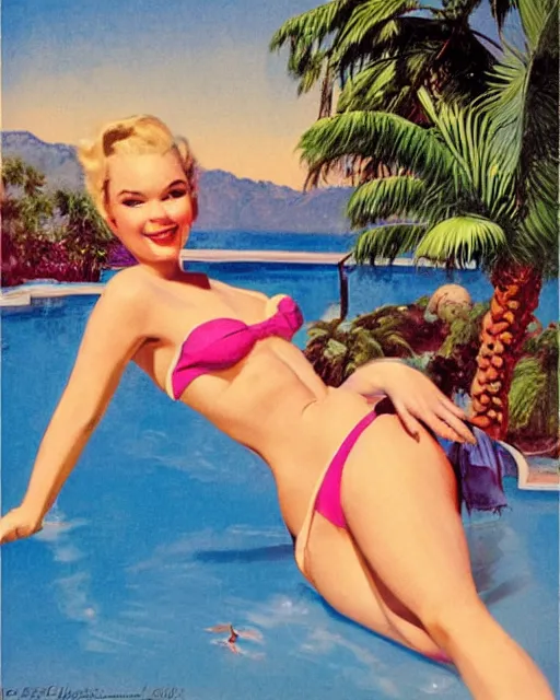 Image similar to tuesday weld in a pink bikini, tuesday weld swimming in a palm springs midcentury swimming pool by gil elvgren, by mort kunstler, by earl norem