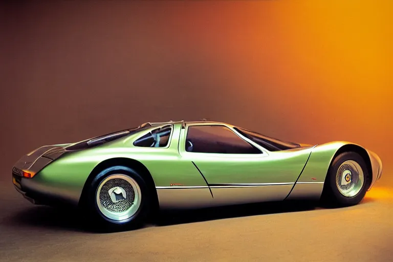 Image similar to stylized poser of a single 1973 Citroen DM Miura ((McLaren F1)) ((DeLorean)), thick neon lights, ektachrome photograph, volumetric lighting, f8 aperture, cinematic Eastman 5384 film