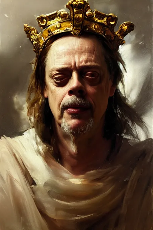 Image similar to beautiful expressive oil painting portrait of ancient roman god emperor steve buscemi ascending wearing the civic crown, art by anders zorn, wonderful masterpiece by greg rutkowski, beautiful cinematic light, american romanticism by greg manchess, jessica rossier